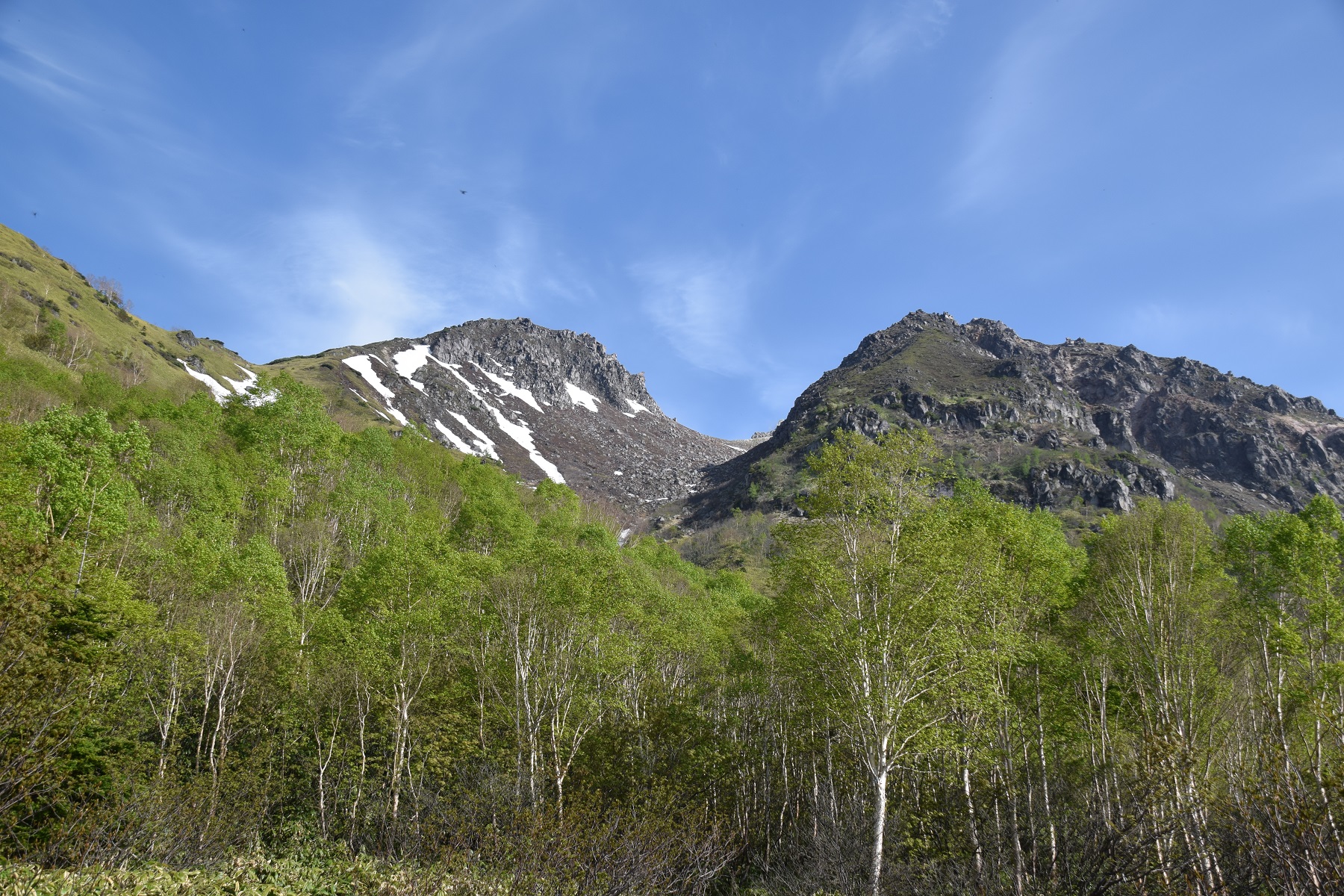 新中の湯登山道から新緑の焼岳山頂方面