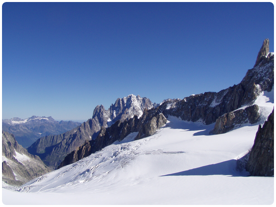 展望台から眼下の氷河を経てスイス側の眺め